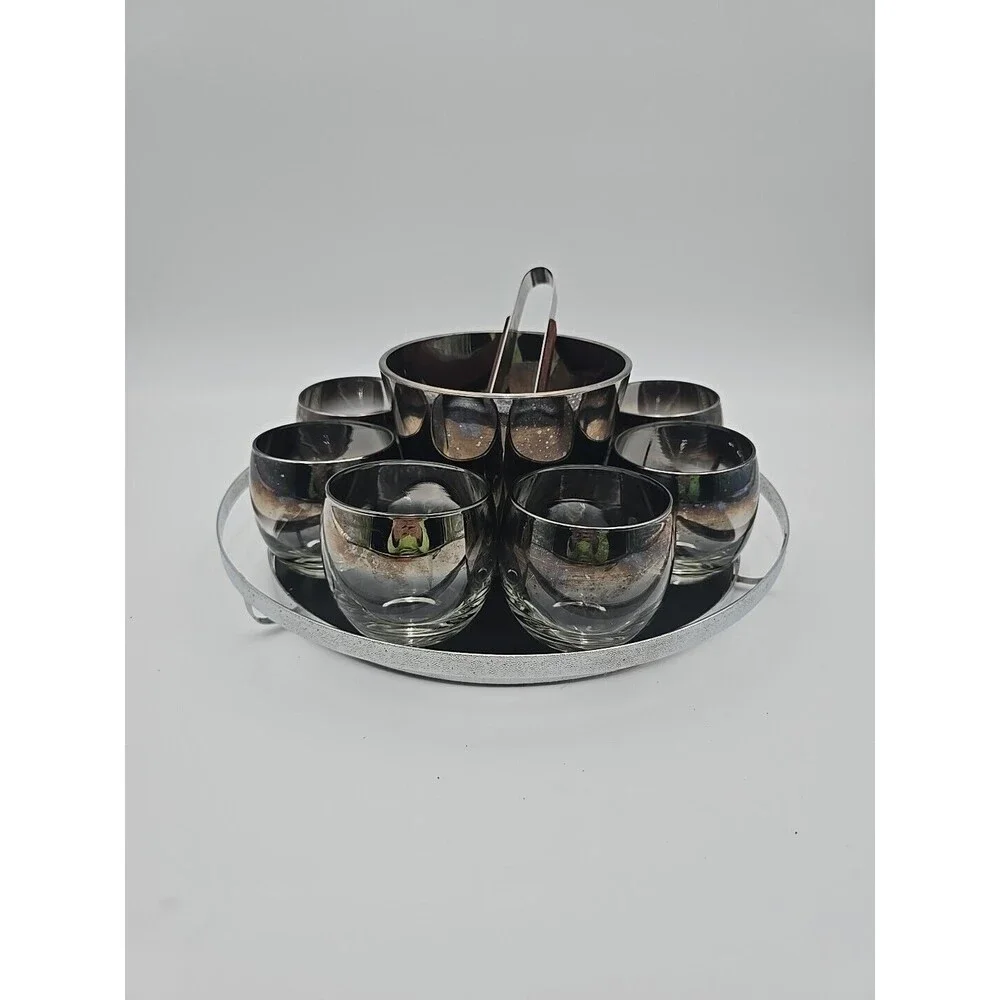 Queen's Luster Silver Fade Bar Set with Roly Poly Glasses Ice Bucket Tray Tongs